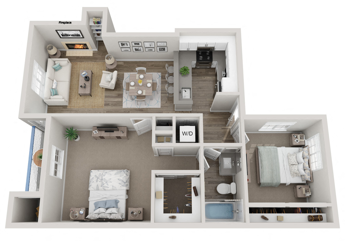 Floor plan for 2 beds, 1 bath, 821 sqft
